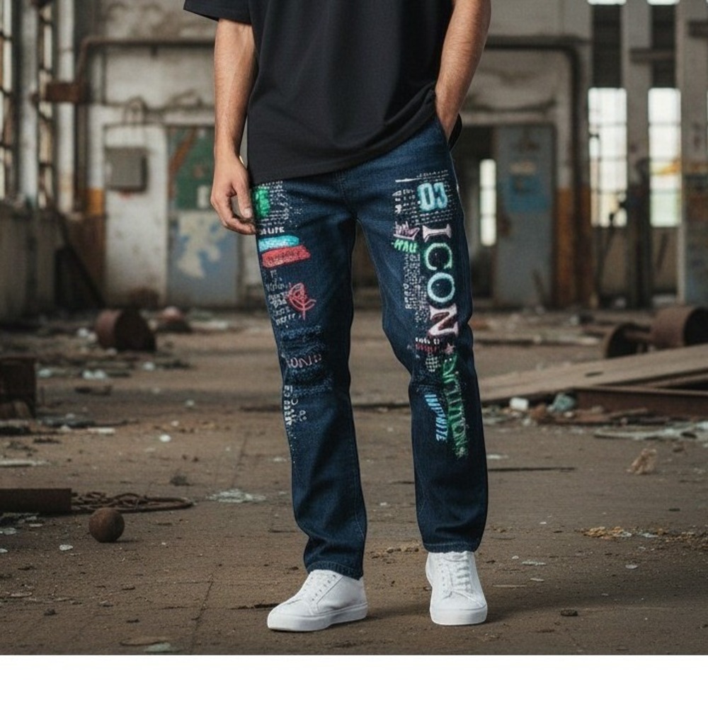 Copper Rivet Graffiti Jeans Mens 36x30 Blue Distressed Graphic Urban Streetwear